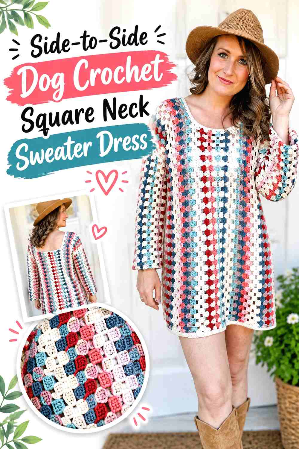 Side-to-Side Dog Crochet Square Neck Sweater Dress