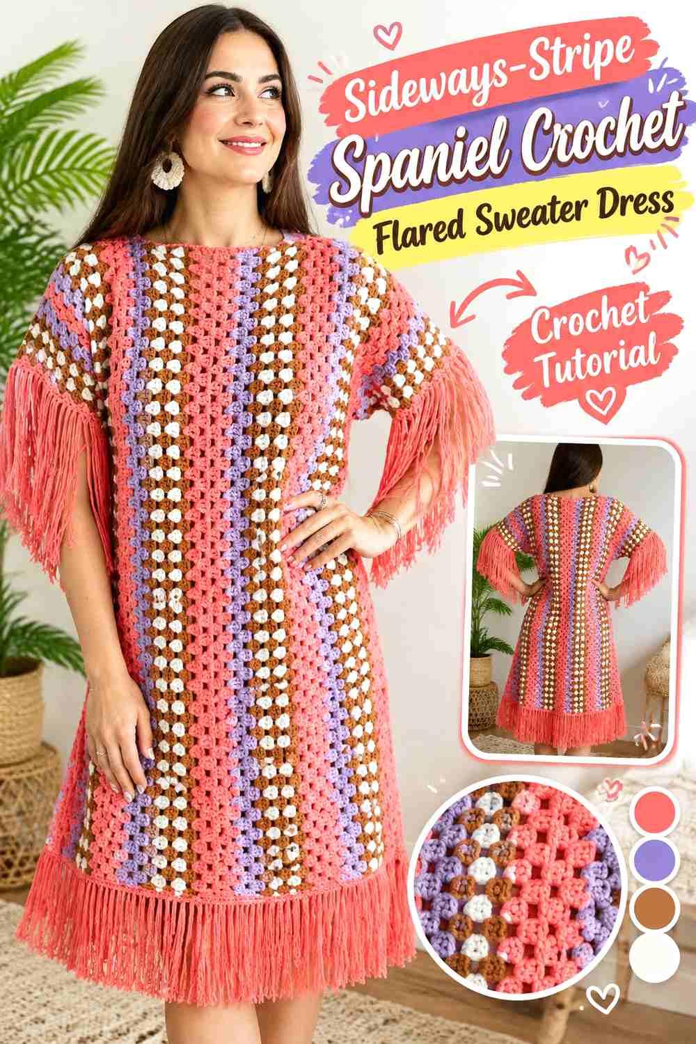 Sideways-Stripe Spaniel Crochet Flared Sweater Dress