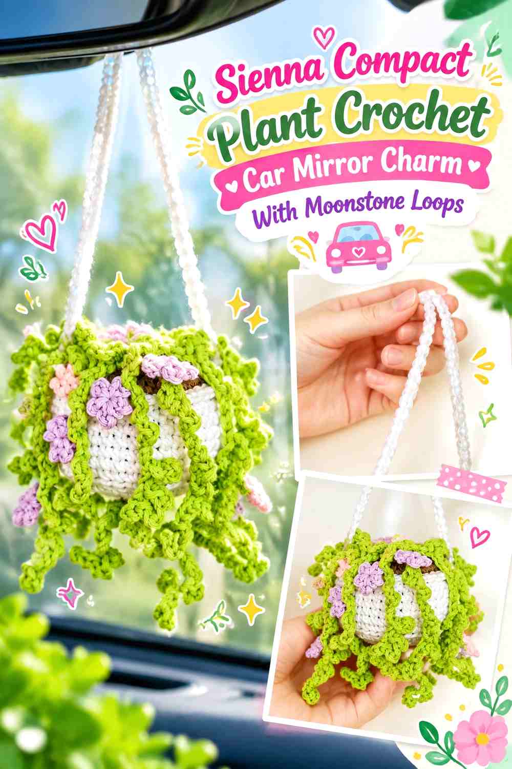 12. Sienna Compact Plant Crochet Car Mirror Charm With Moonstone Loops