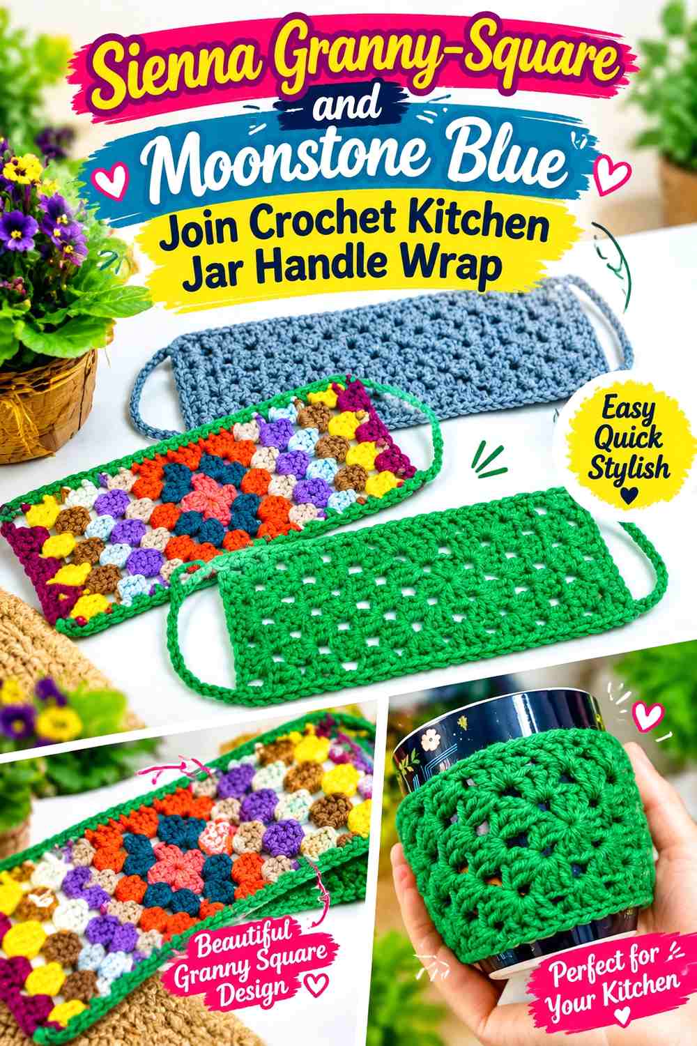 16. Sienna Granny Square And Moonstone Blue Join Crochet Kitchen Jar Handle Wrap