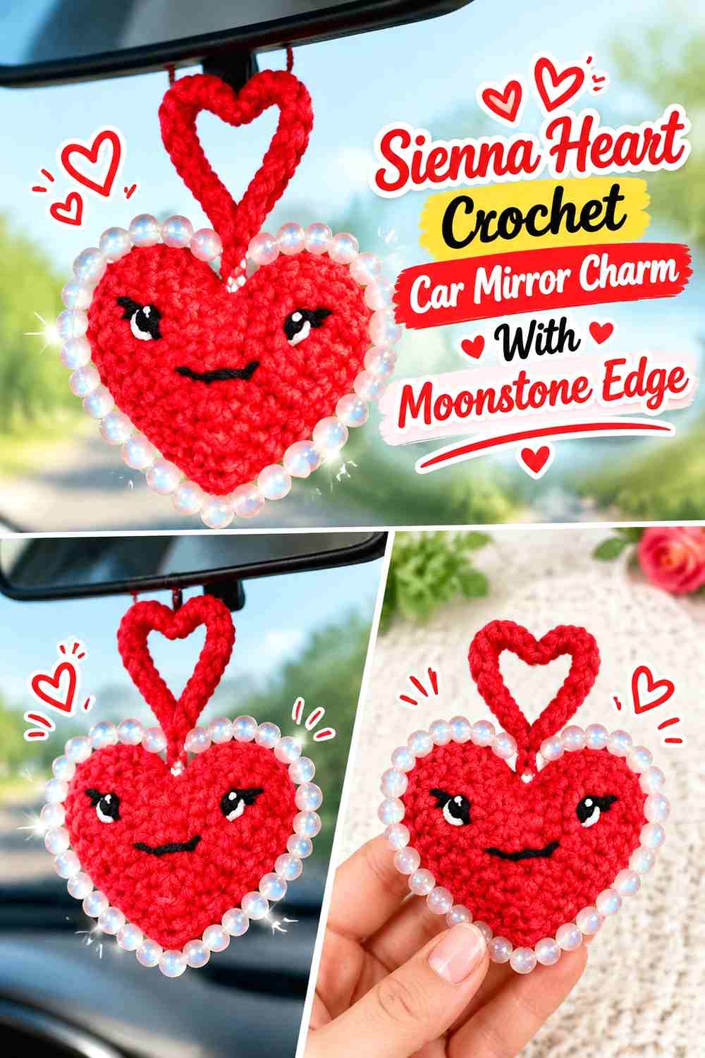 6. Sienna Heart Crochet Car Mirror Charm With Moonstone Edge