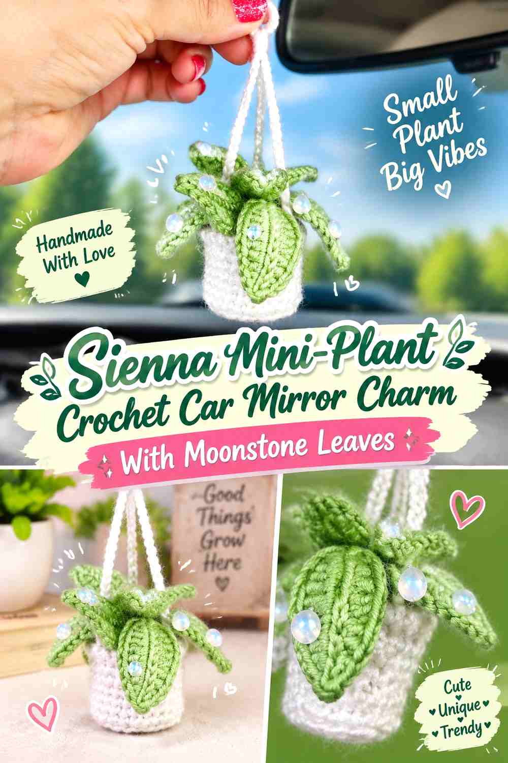 14. Sienna Mini Plant Crochet Car Mirror Charm With Moonstone Leaves
