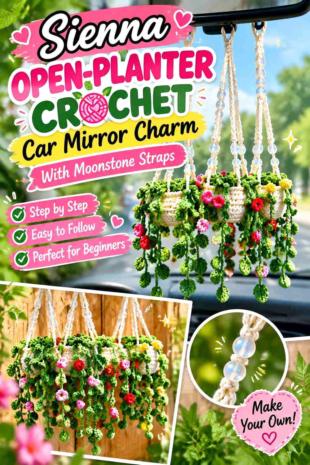 10. Sienna Open Planter Crochet Car Mirror Charm With Moonstone Straps