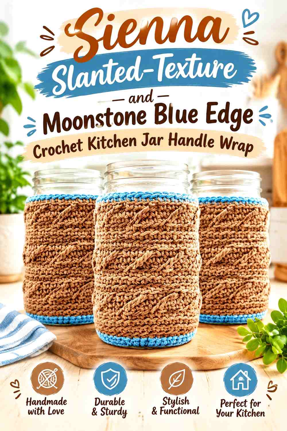 7. Sienna Slanted Texture And Moonstone Blue Edge Crochet Kitchen Jar Handle Wrap