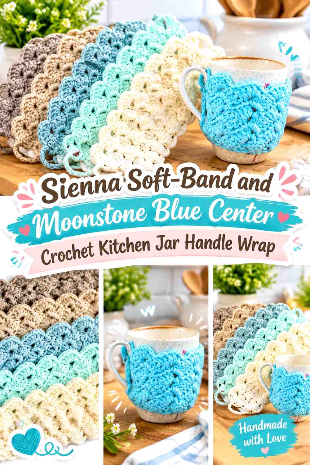 12. Sienna Soft Band And Moonstone Blue Center Crochet Kitchen Jar Handle Wrap