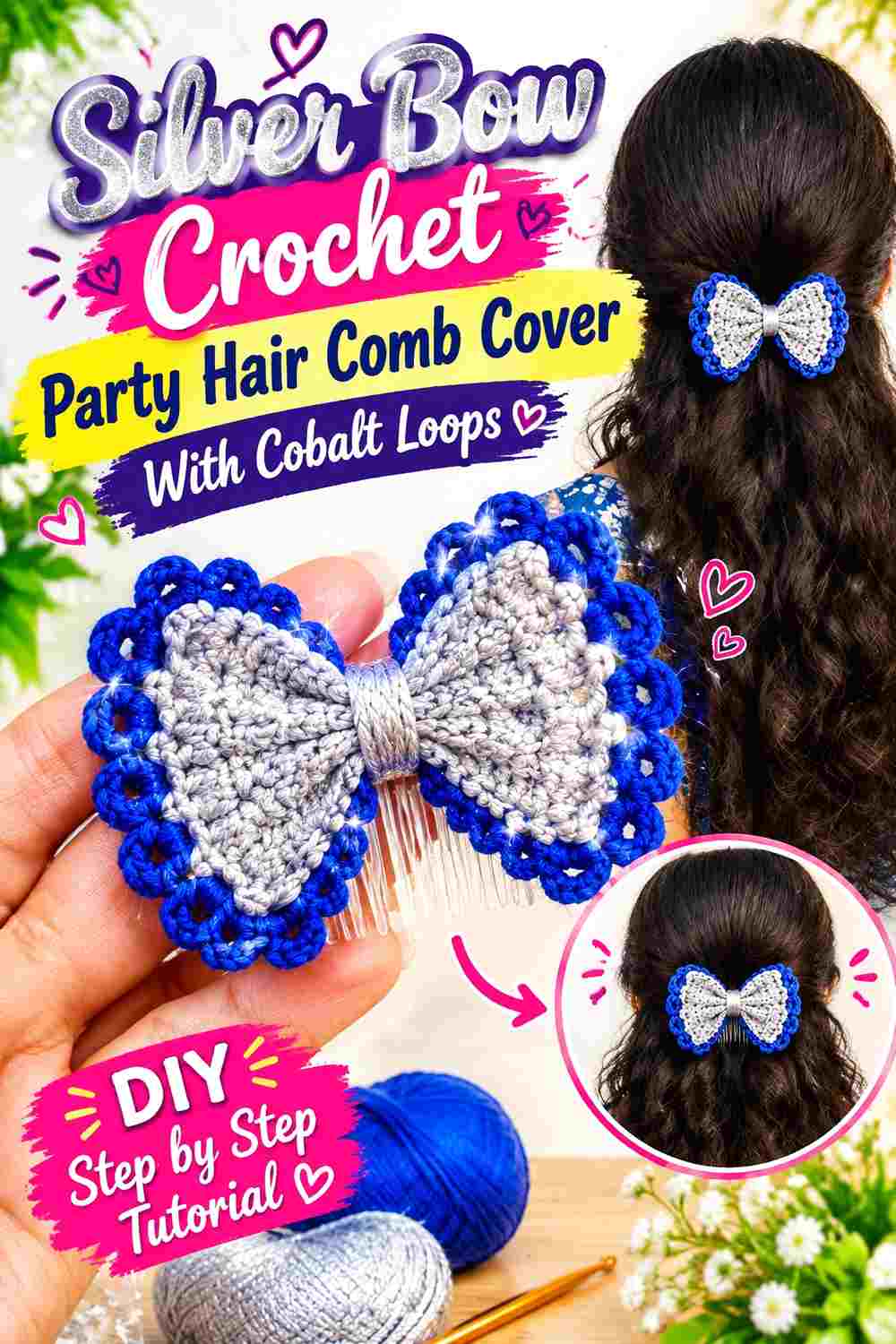 8. Silver Bow Crochet Party Hair Comb Cover With Cobalt Loops