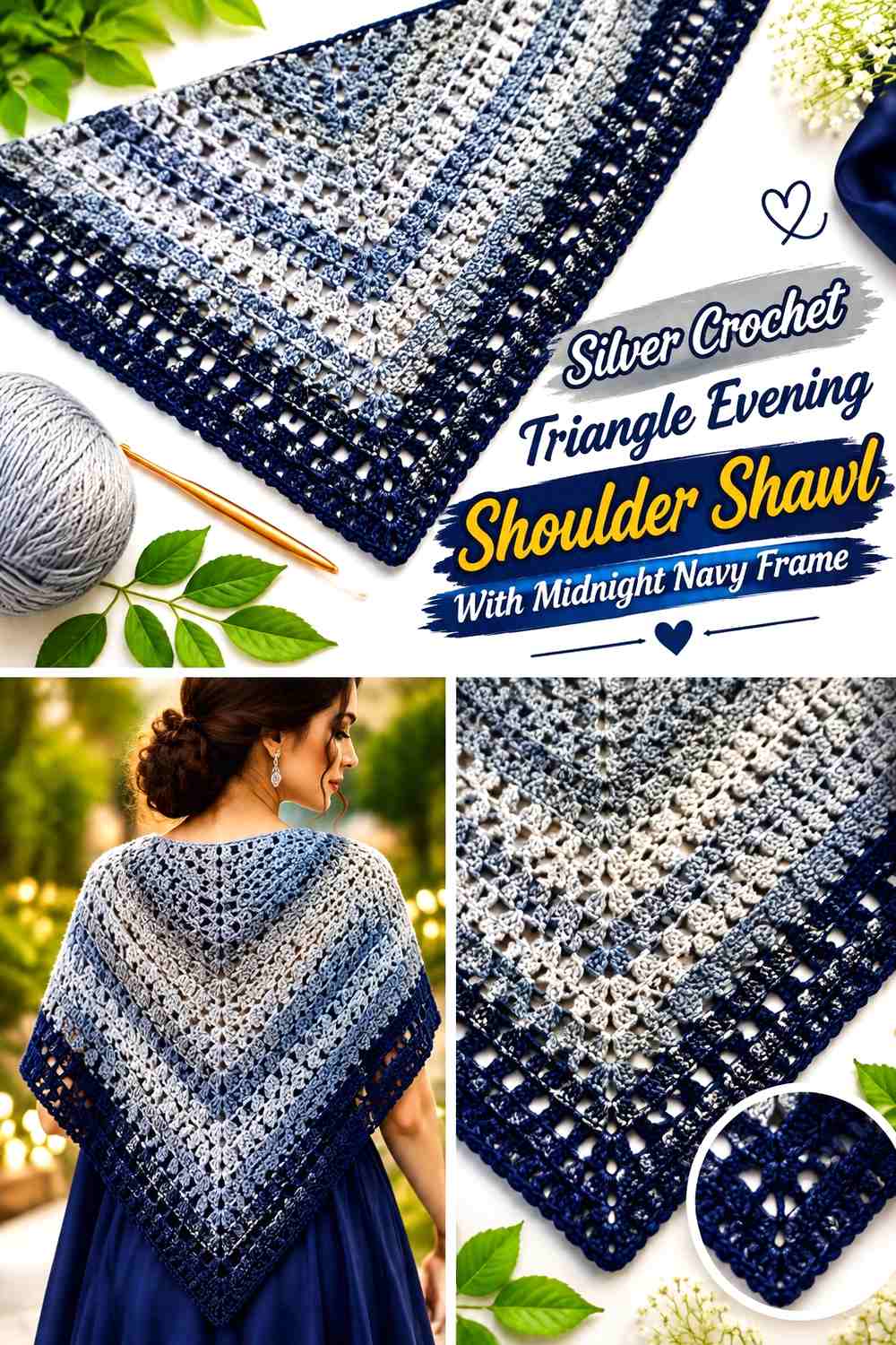 Silver Crochet Triangle Evening Shoulder Shawl With Midnight Navy Frame