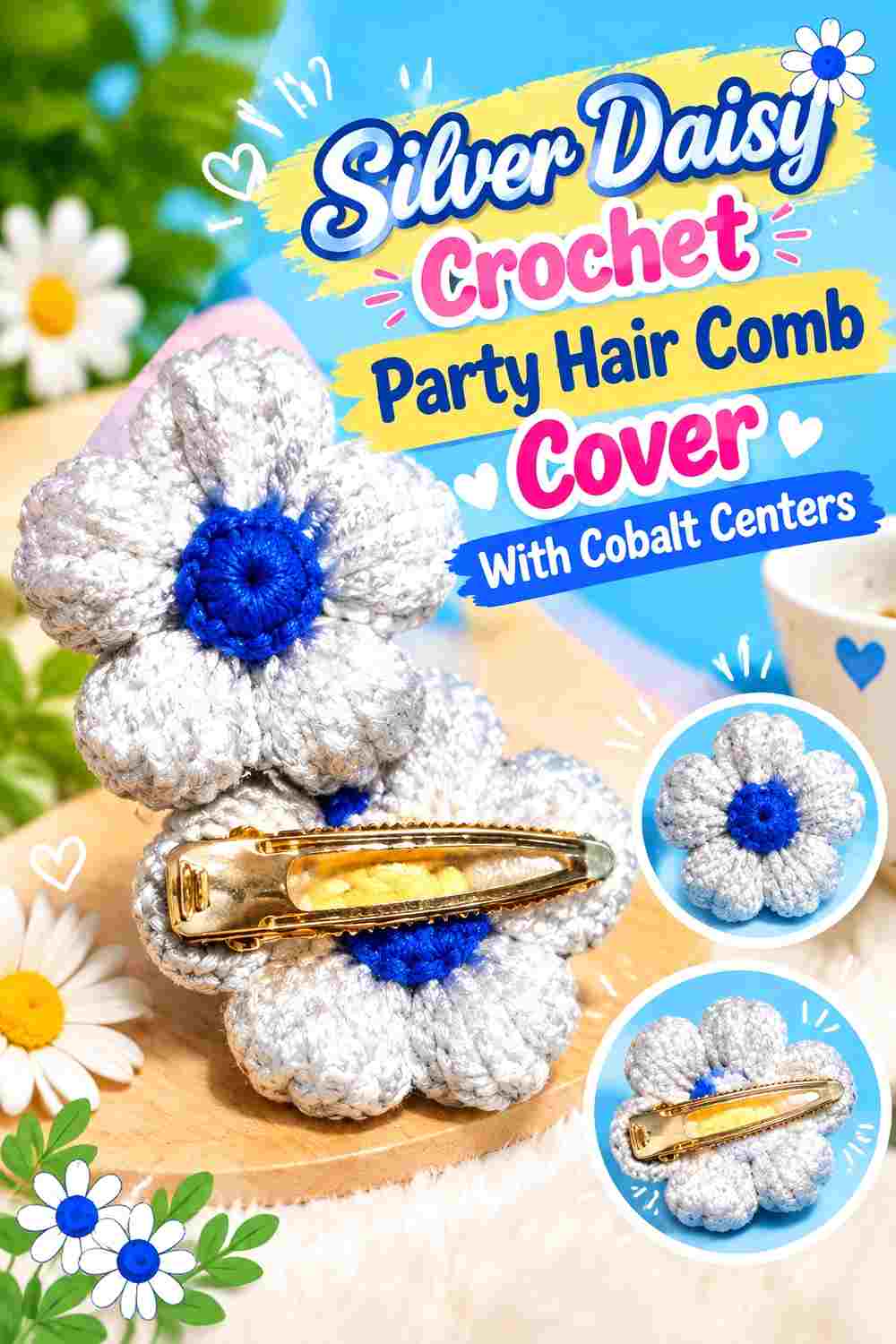 5. Silver Daisy Crochet Party Hair Comb Cover With Cobalt Centers