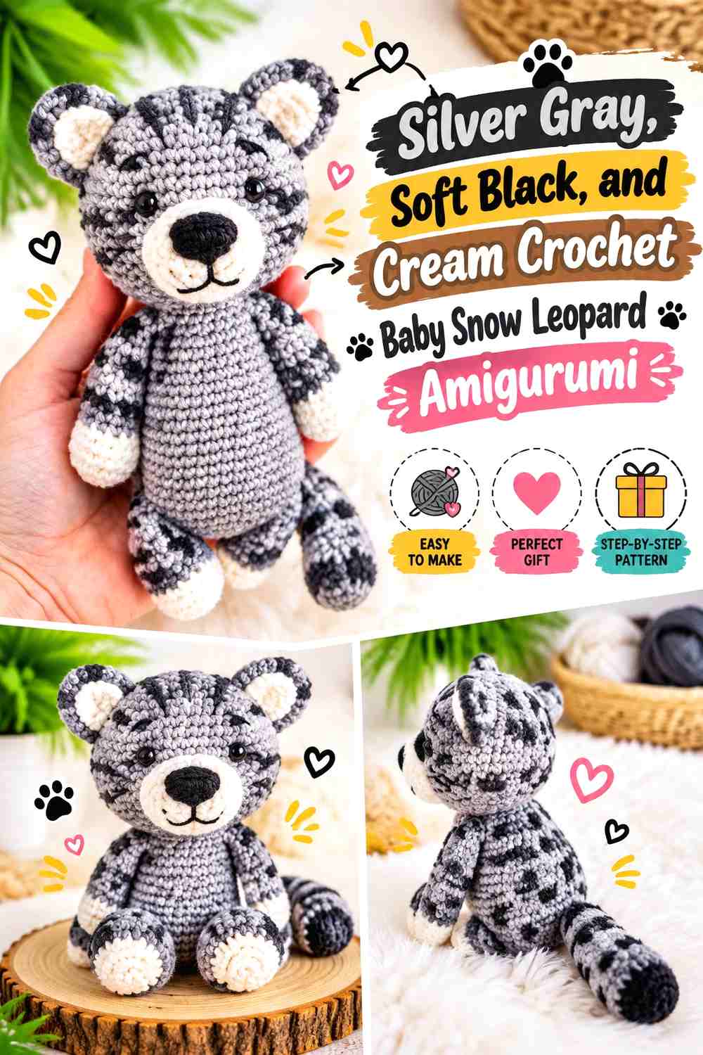 Silver Gray, Soft Black, and Cream Crochet Baby Snow Leopard Amigurumi