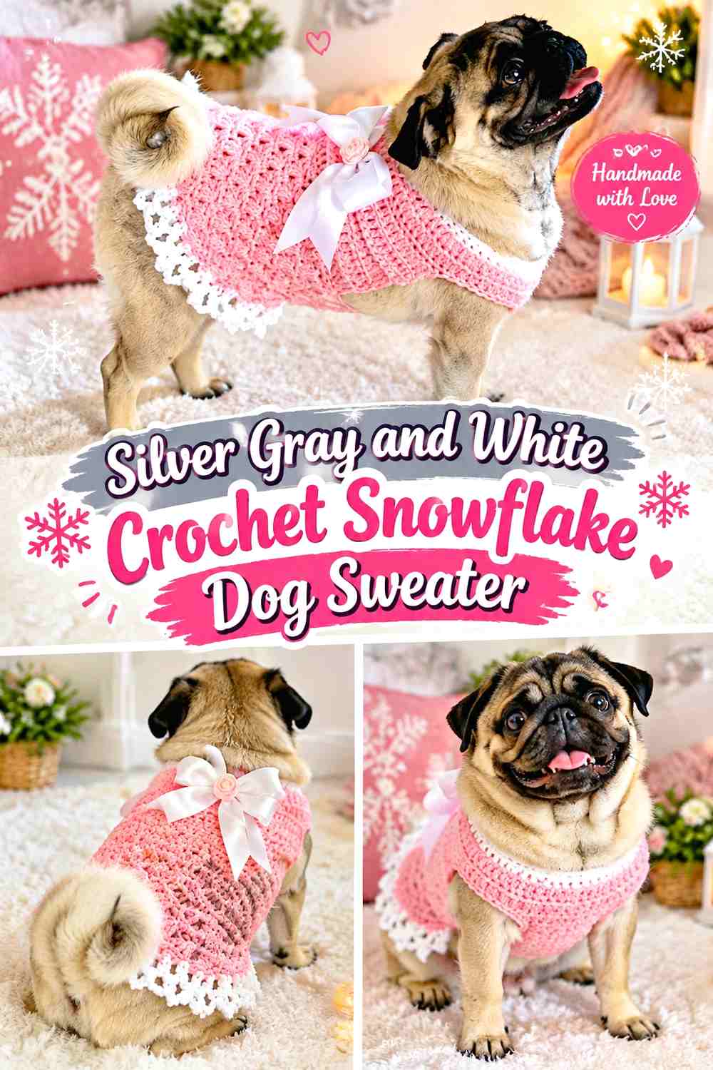 Silver Gray and White Crochet Snowflake Dog Sweater