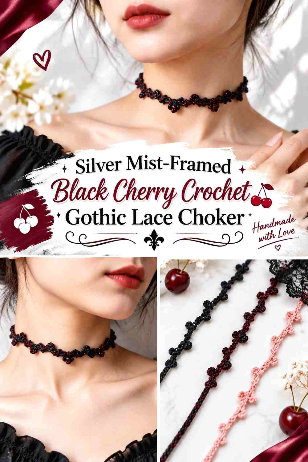 Silver Mist-Framed Black Cherry Crochet Gothic Lace Choker