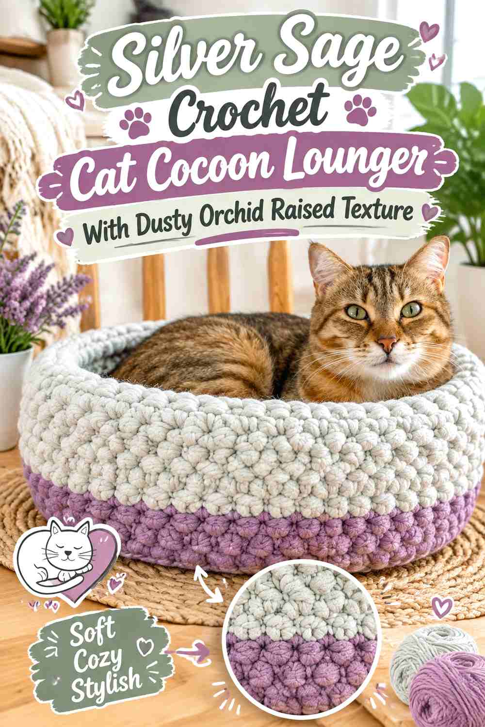 Silver Sage Crochet Cat Cocoon Lounger With Dusty Orchid Raised Texture
