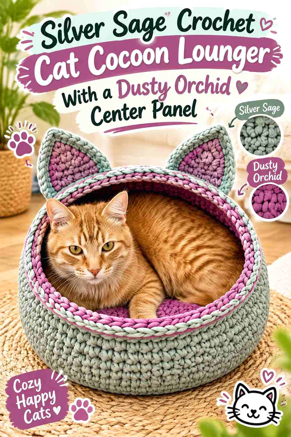 Silver Sage Crochet Cat Cocoon Lounger With a Dusty Orchid Center Panel