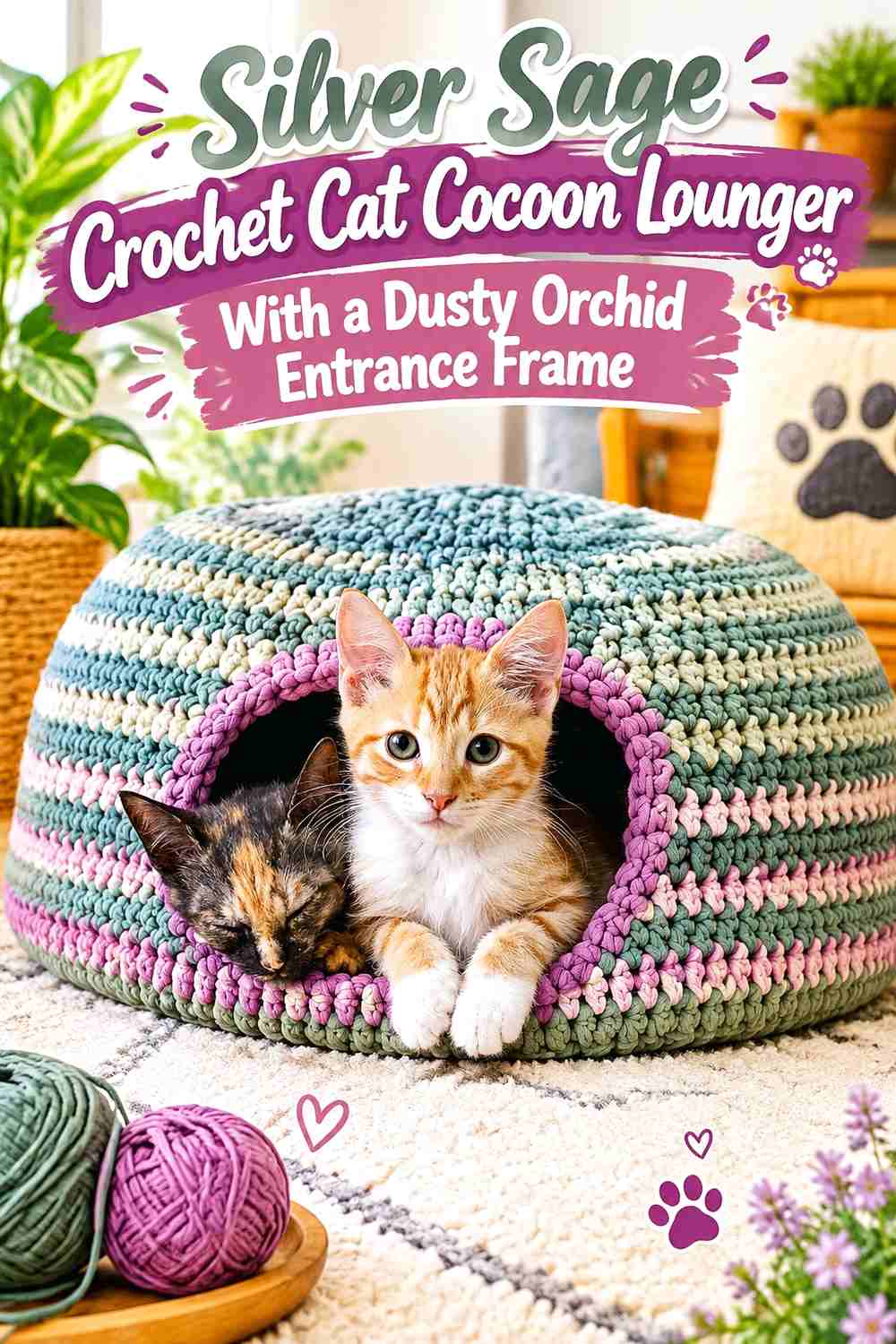 Silver Sage Crochet Cat Cocoon Lounger With a Dusty Orchid Entrance Frame