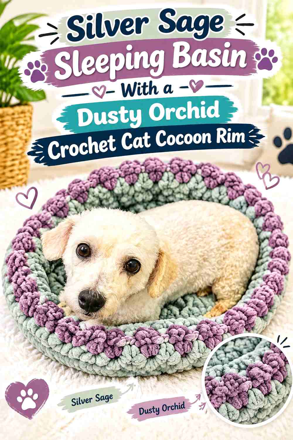 Silver Sage Sleeping Basin With a Dusty Orchid Crochet Cat Cocoon Rim
