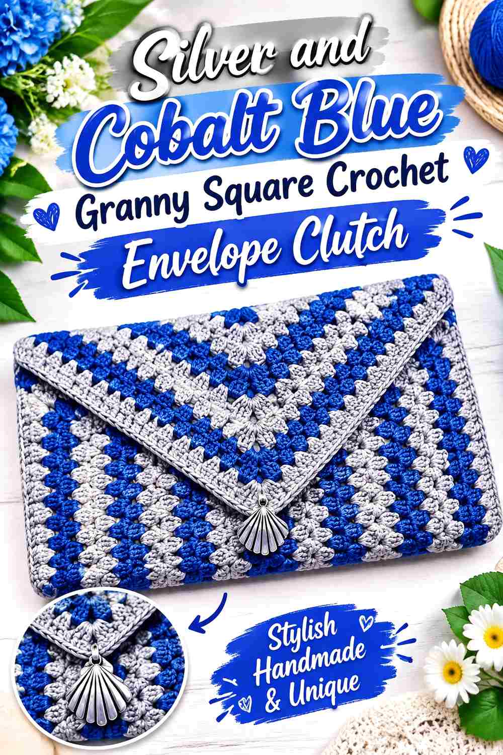8. Silver And Cobalt Blue Granny Square Crochet Envelope Clutch