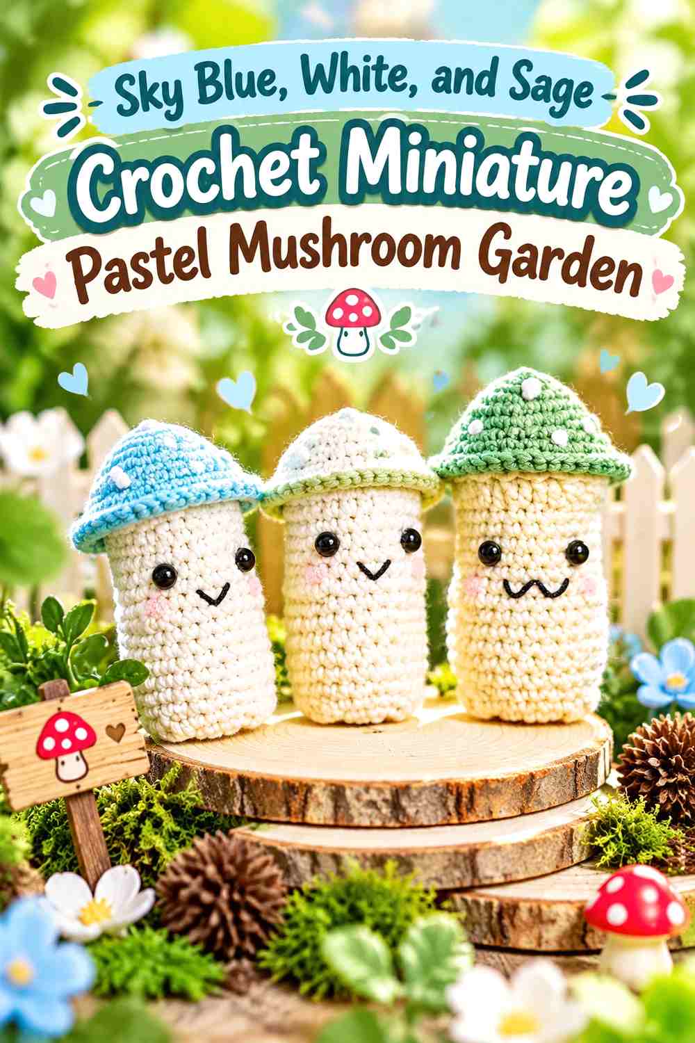 Sky Blue, White, and Sage Crochet Miniature Pastel Mushroom Garden