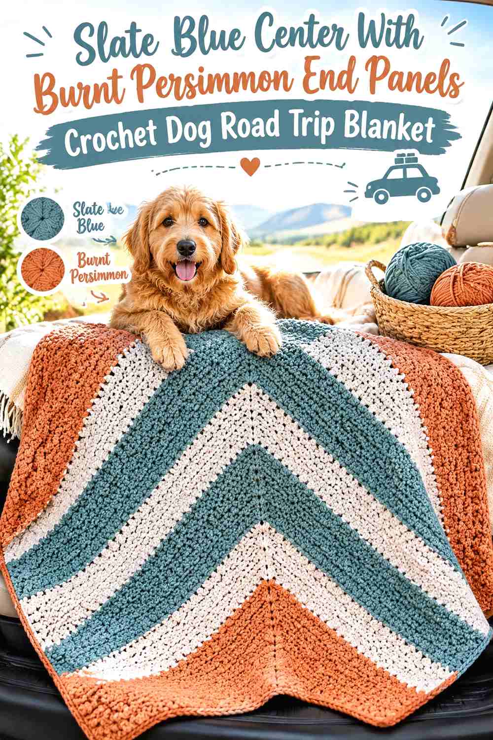 Slate Blue Center With Burnt Persimmon End Panels Crochet Dog Road Trip Blanket