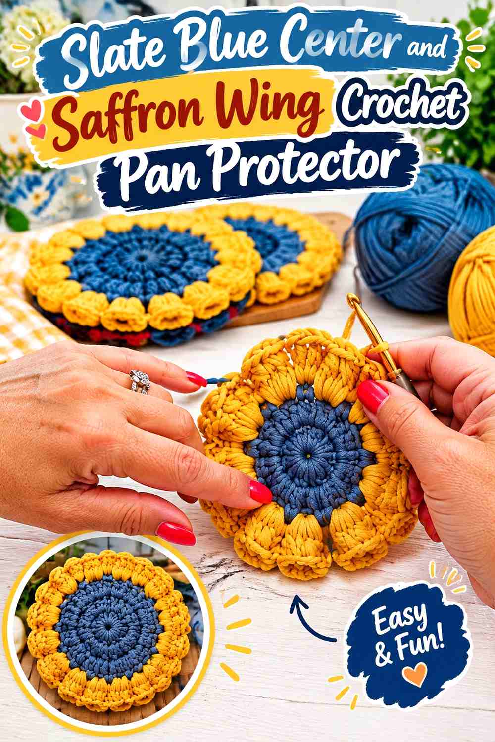 2. Slate Blue Center And Saffron Wing Crochet Pan Protector