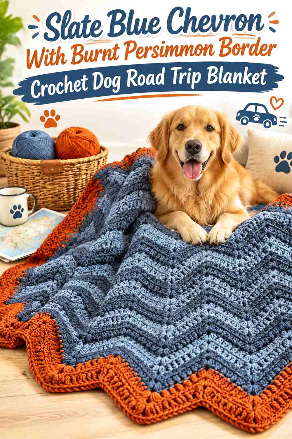 Slate Blue Chevron With Burnt Persimmon Border Crochet Dog Road Trip Blanket