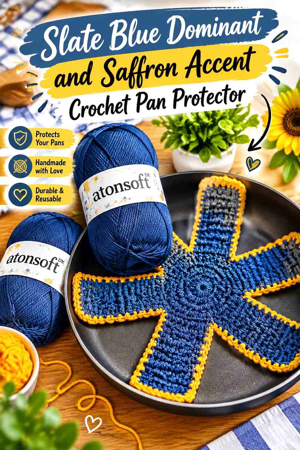 9. Slate Blue Dominant And Saffron Accent Crochet Pan Protector