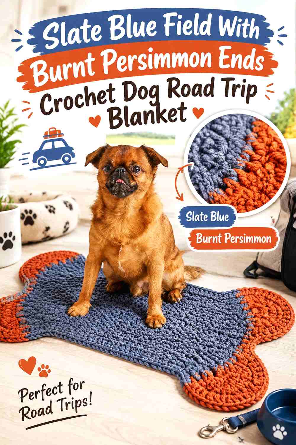 Slate Blue Field With Burnt Persimmon Ends Crochet Dog Road Trip Blanket