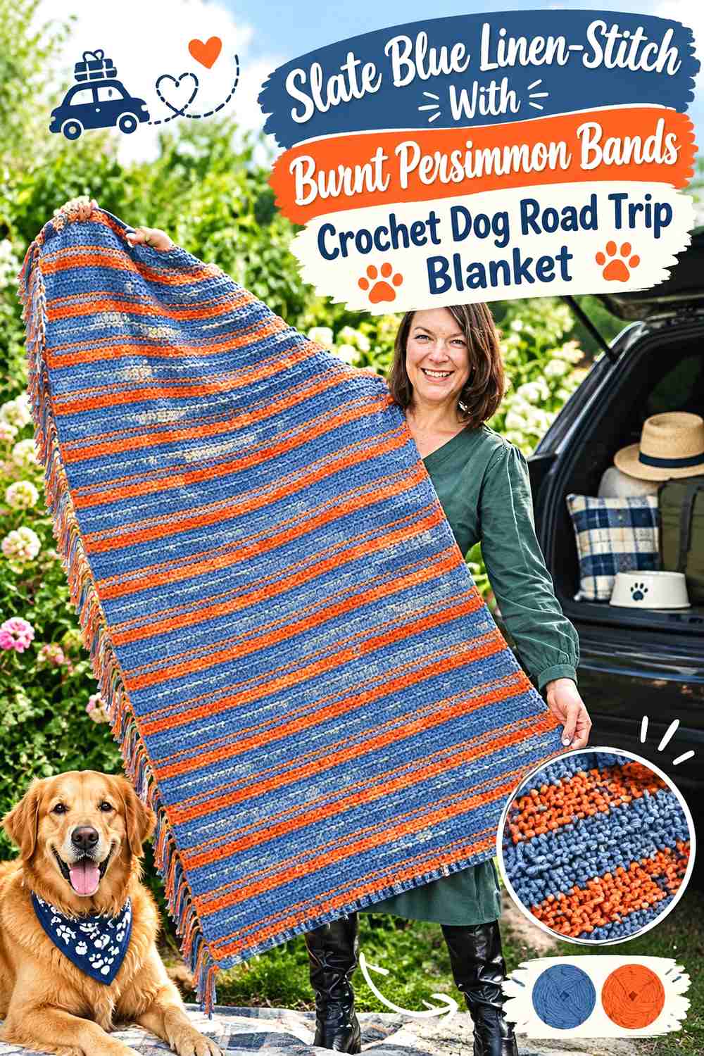 Slate Blue Linen-Stitch With Burnt Persimmon Bands Crochet Dog Road Trip Blanket