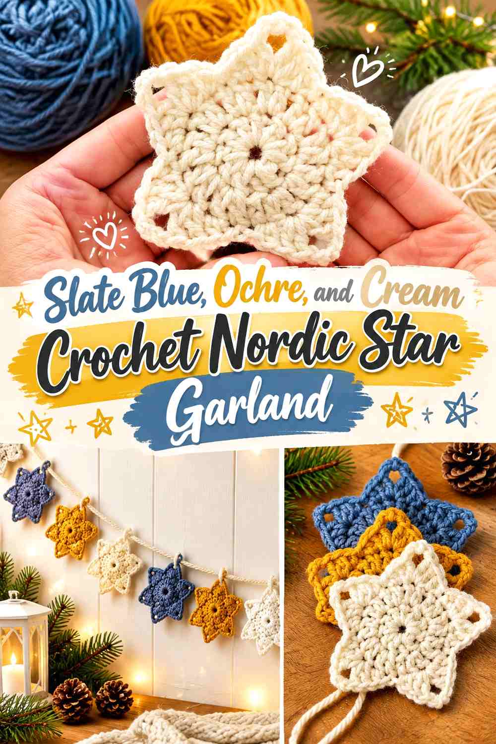 Slate Blue, Ochre, and Cream Crochet Nordic Star Garland