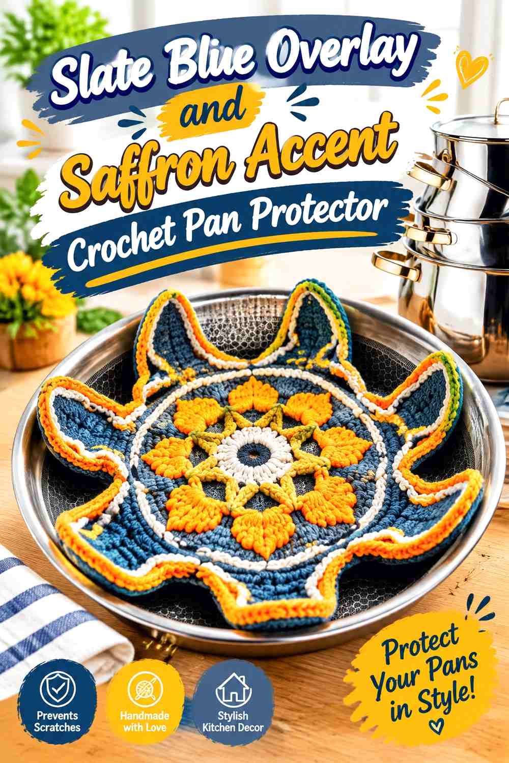 7. Slate Blue Overlay And Saffron Accent Crochet Pan Protector