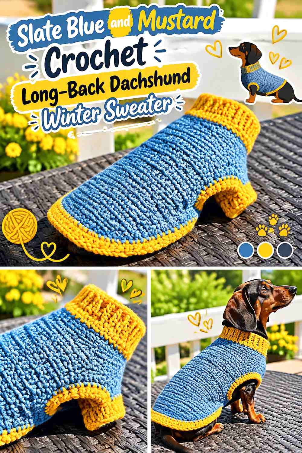 Slate Blue and Mustard Crochet Long-Back Dachshund Winter Sweater