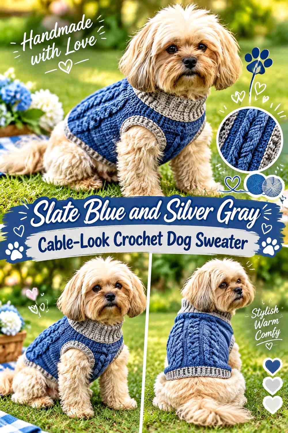 Slate Blue and Silver Gray Cable-Look Crochet Dog Sweater