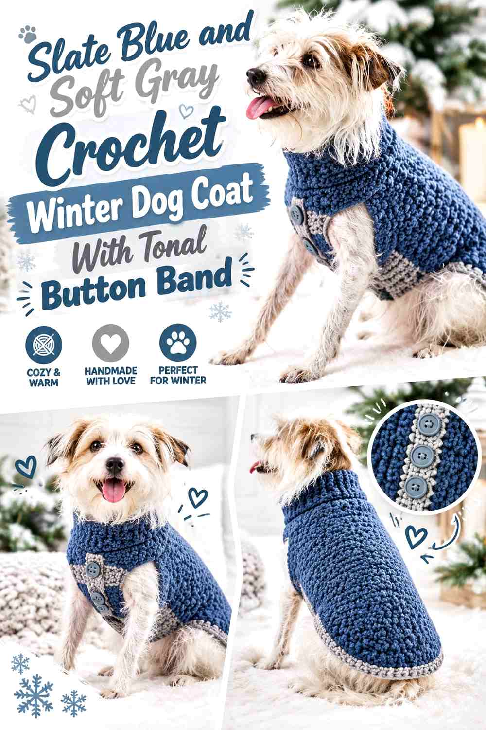Slate Blue and Soft Gray Crochet Winter Dog Coat With Tonal Button Band