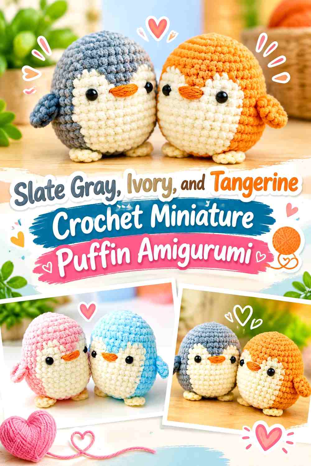Slate Gray, Ivory, and Tangerine Crochet Miniature Puffin Amigurumi