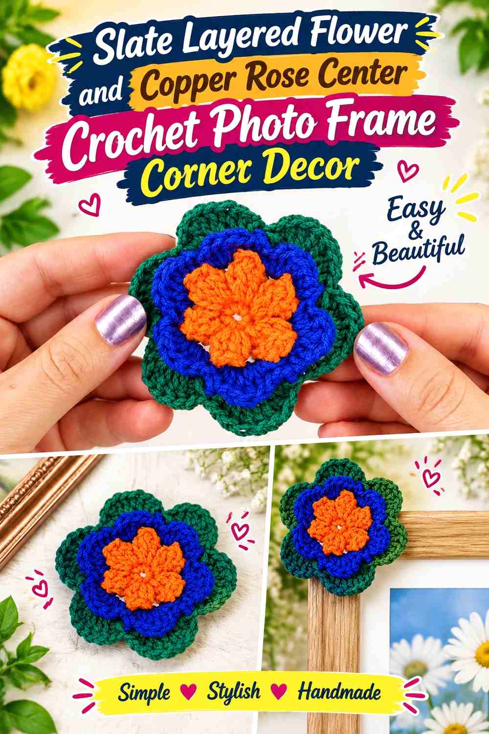 16. Slate Layered Flower And Copper Rose Center Crochet Photo Frame Corner Decor
