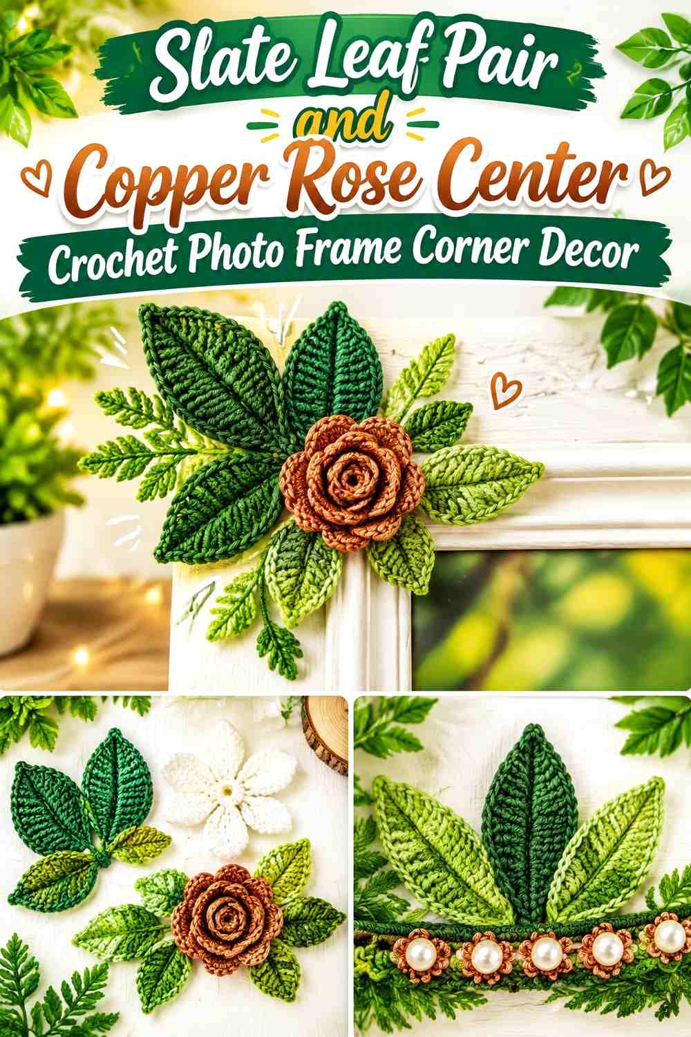 18. Slate Leaf Pair And Copper Rose Center Crochet Photo Frame Corner Decor