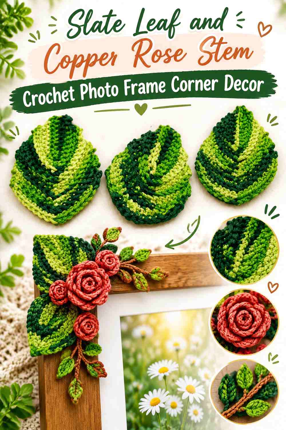 3. Slate Leaf And Copper Rose Stem Crochet Photo Frame Corner Decor