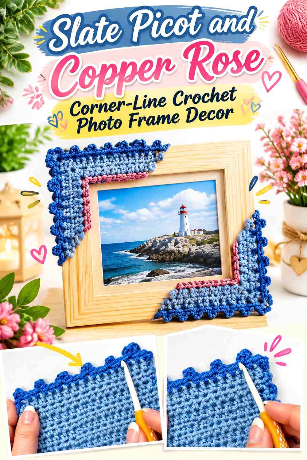 14. Slate Picot And Copper Rose Corner Line Crochet Photo Frame Decor