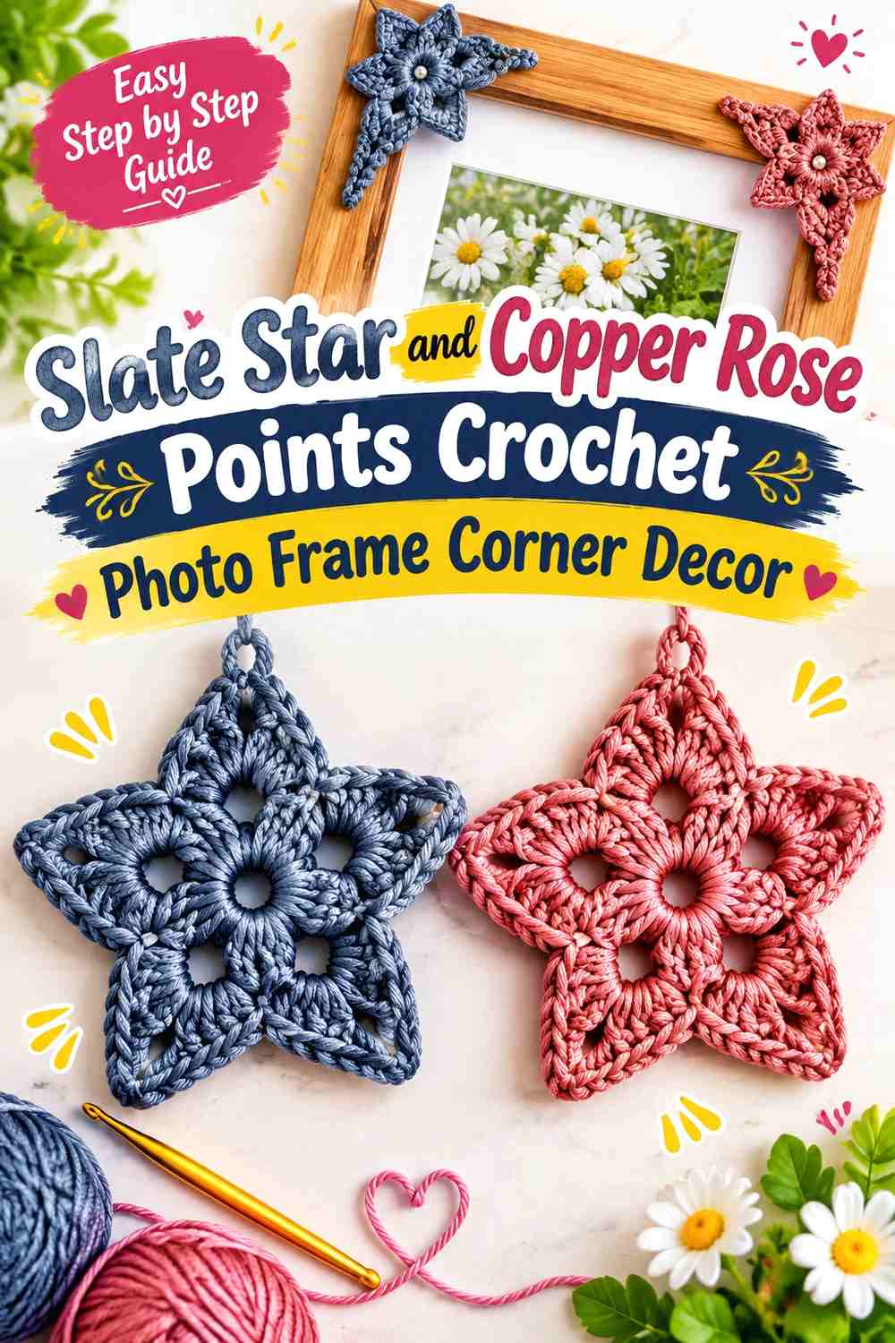 8. Slate Star And Copper Rose Points Crochet Photo Frame Corner Decor