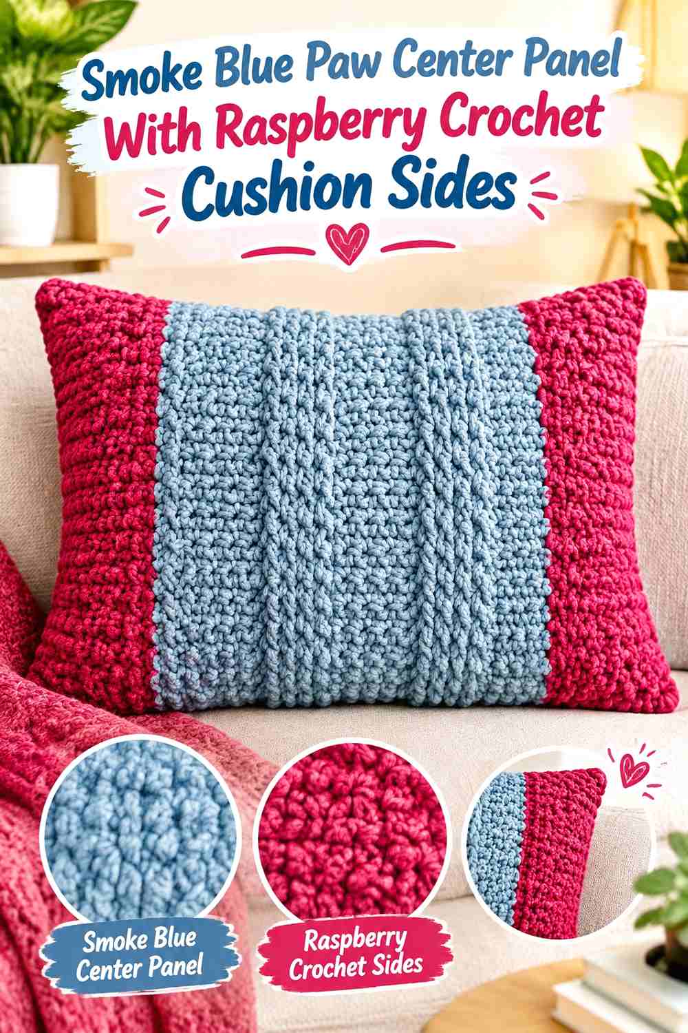 Smoke Blue Paw Center Panel With Raspberry Crochet Cushion Sides