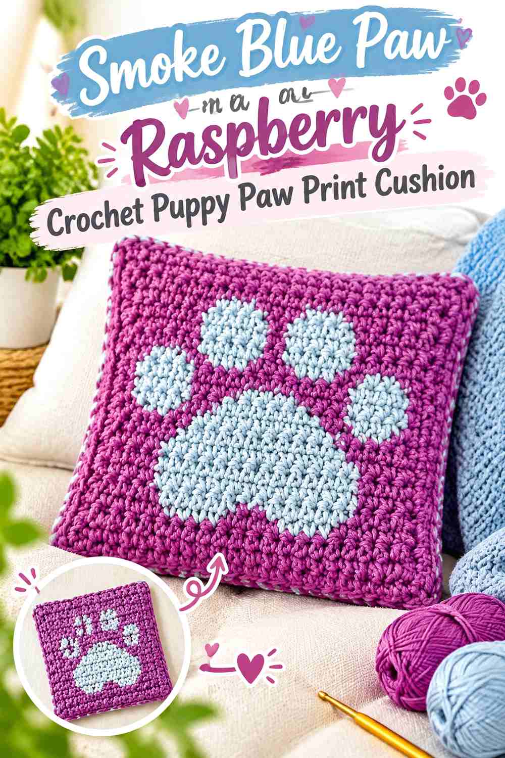 Smoke Blue Paw on a Raspberry Crochet Puppy Paw Print Cushion