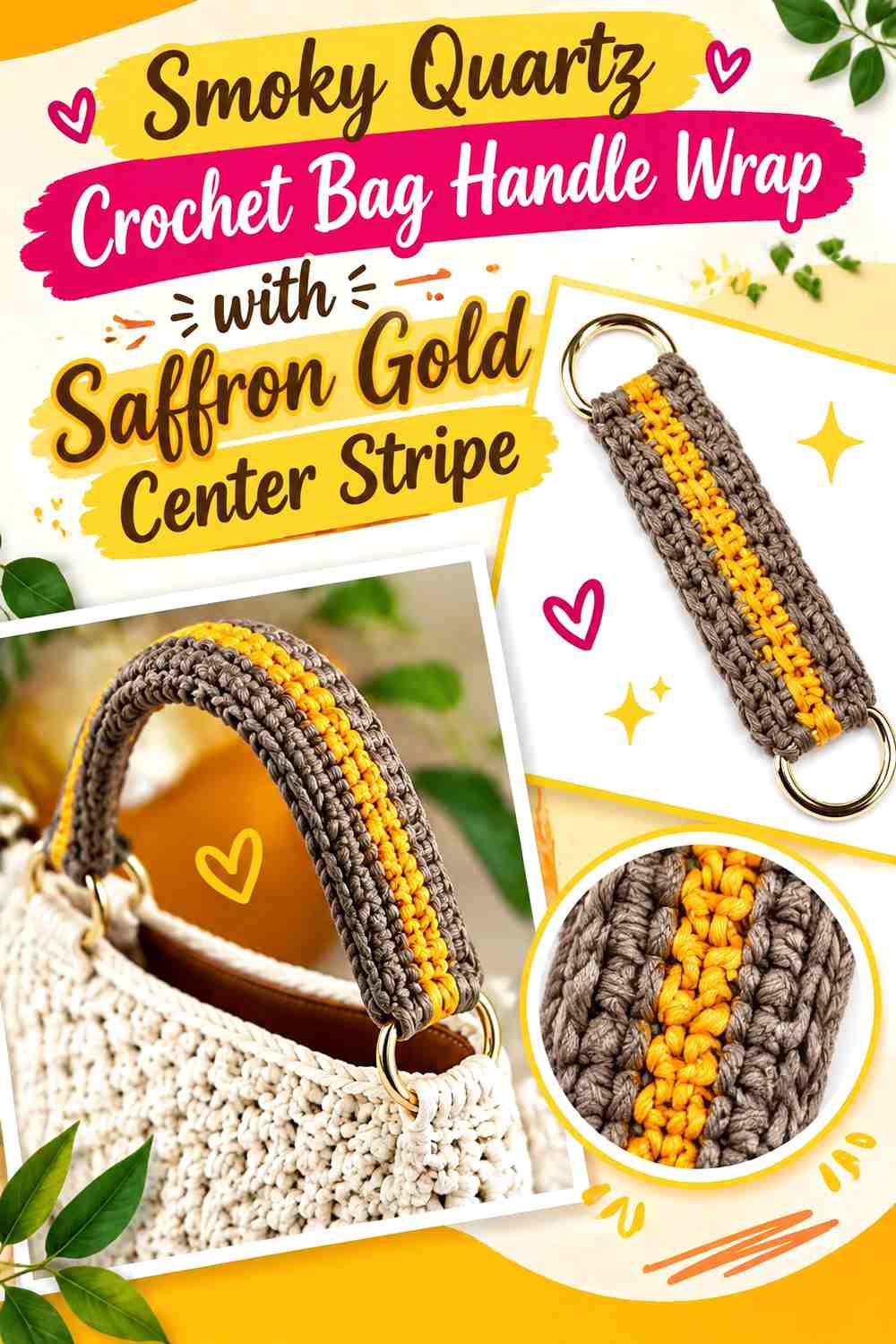 Smoky Quartz Crochet Bag Handle Wrap with Saffron Gold Center Stripe
