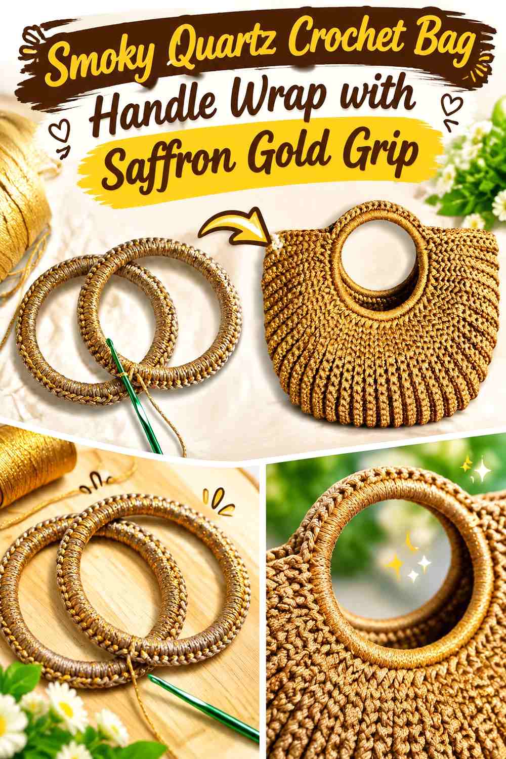 Smoky Quartz Crochet Bag Handle Wrap with Saffron Gold Grip