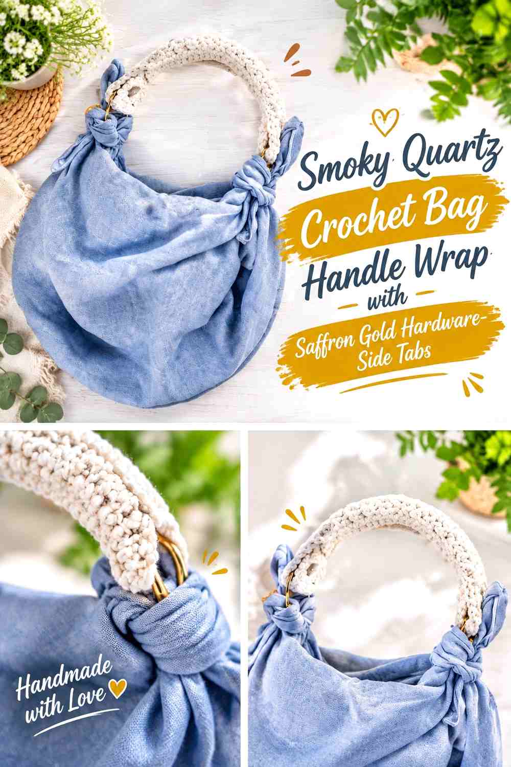 Smoky Quartz Crochet Bag Handle Wrap with Saffron Gold Hardware-Side Tabs