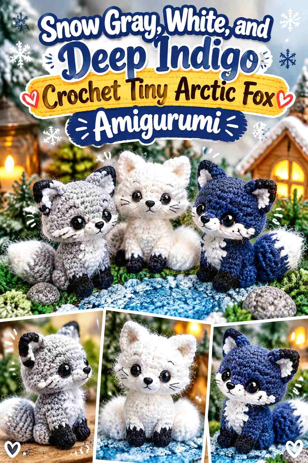 Snow Gray, White, and Deep Indigo Crochet Tiny Arctic Fox Amigurumi
