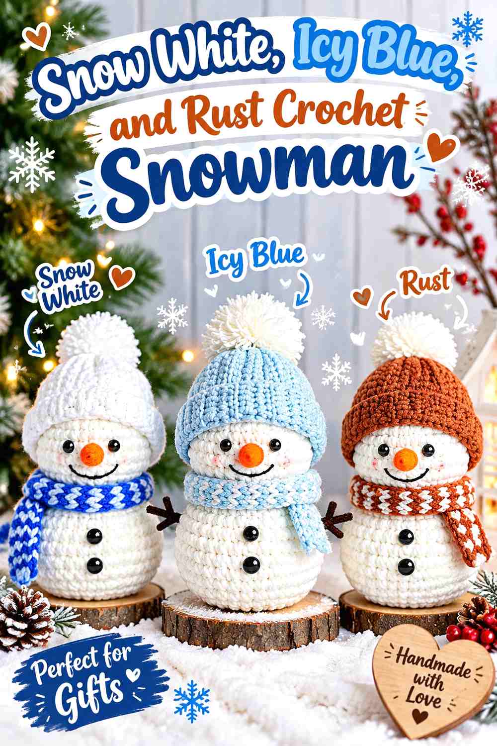 Snow White, Icy Blue, and Rust Crochet Snowman