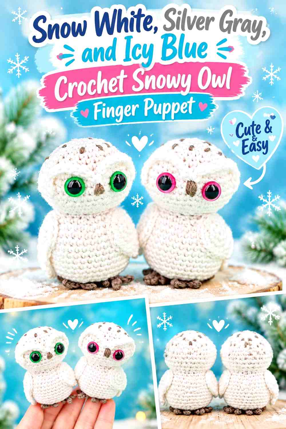 Snow White, Silver Gray, and Icy Blue Crochet Snowy Owl Finger Puppet