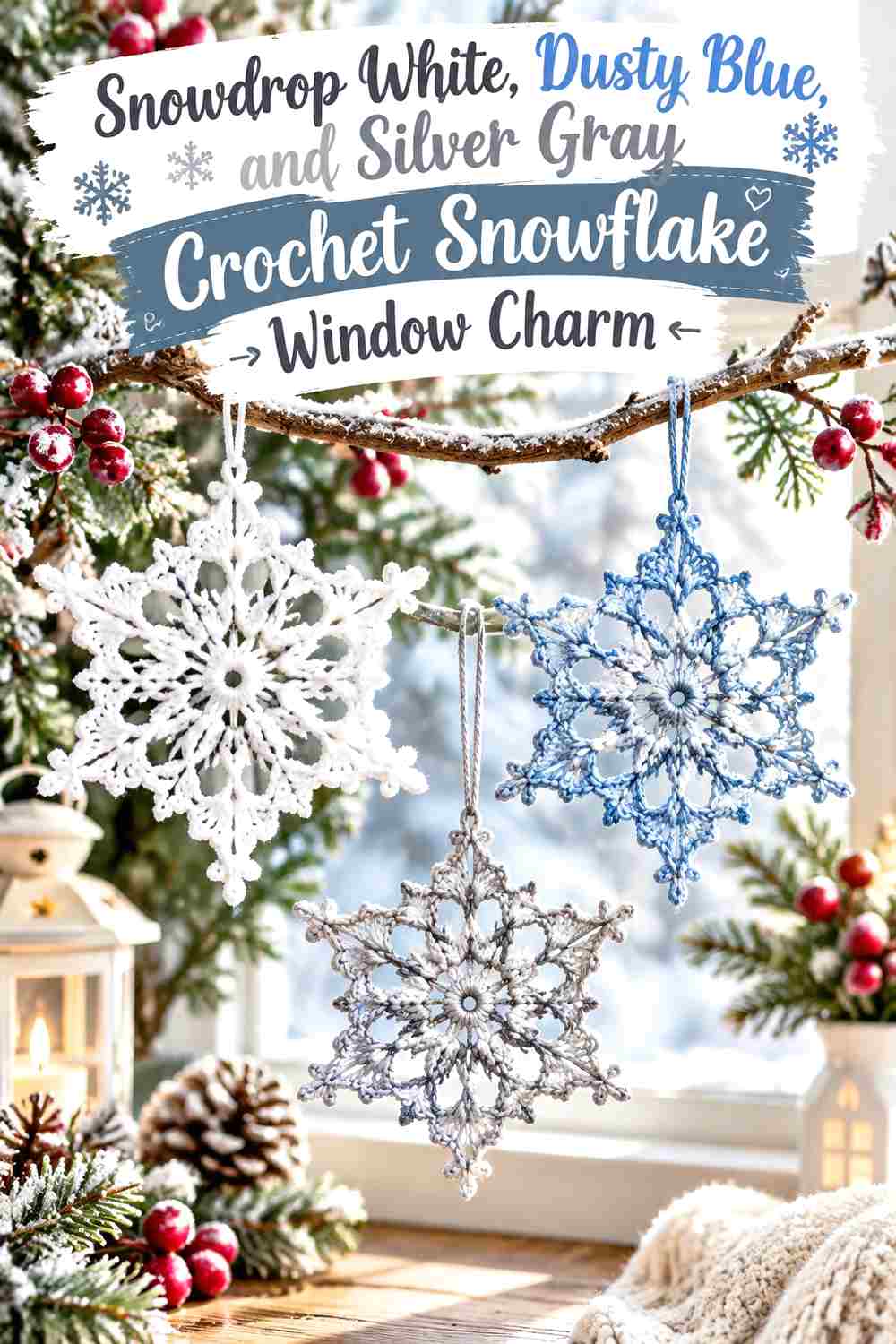 15. Snowdrop White Dusty Blue And Silver Gray Crochet Snowflake Window Charm