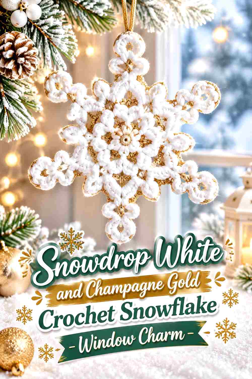 4. Snowdrop White And Champagne Gold Crochet Snowflake Window Charm