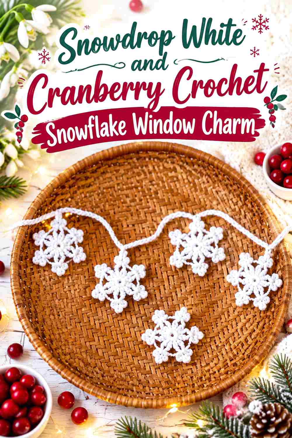 11. Snowdrop White And Cranberry Crochet Snowflake Window Charm