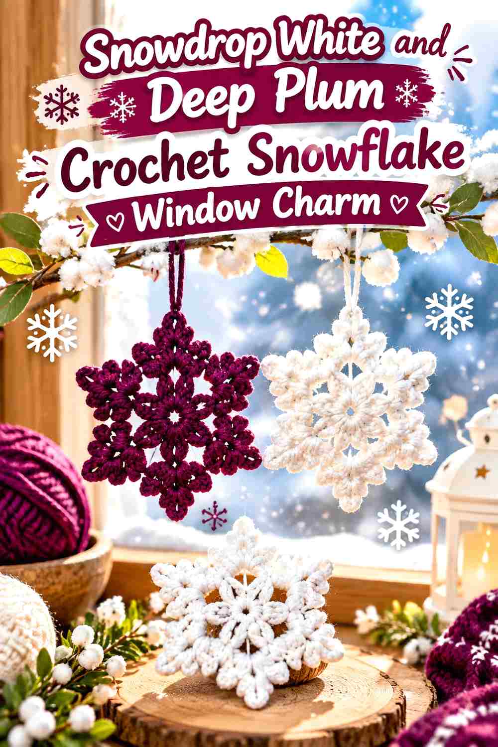 16. Snowdrop White And Deep Plum Crochet Snowflake Window Charm